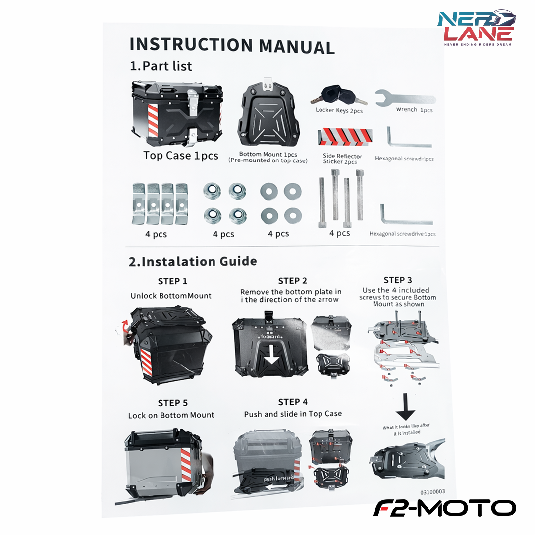 F2-Moto 45L Aluminium Top Box - Titanium
