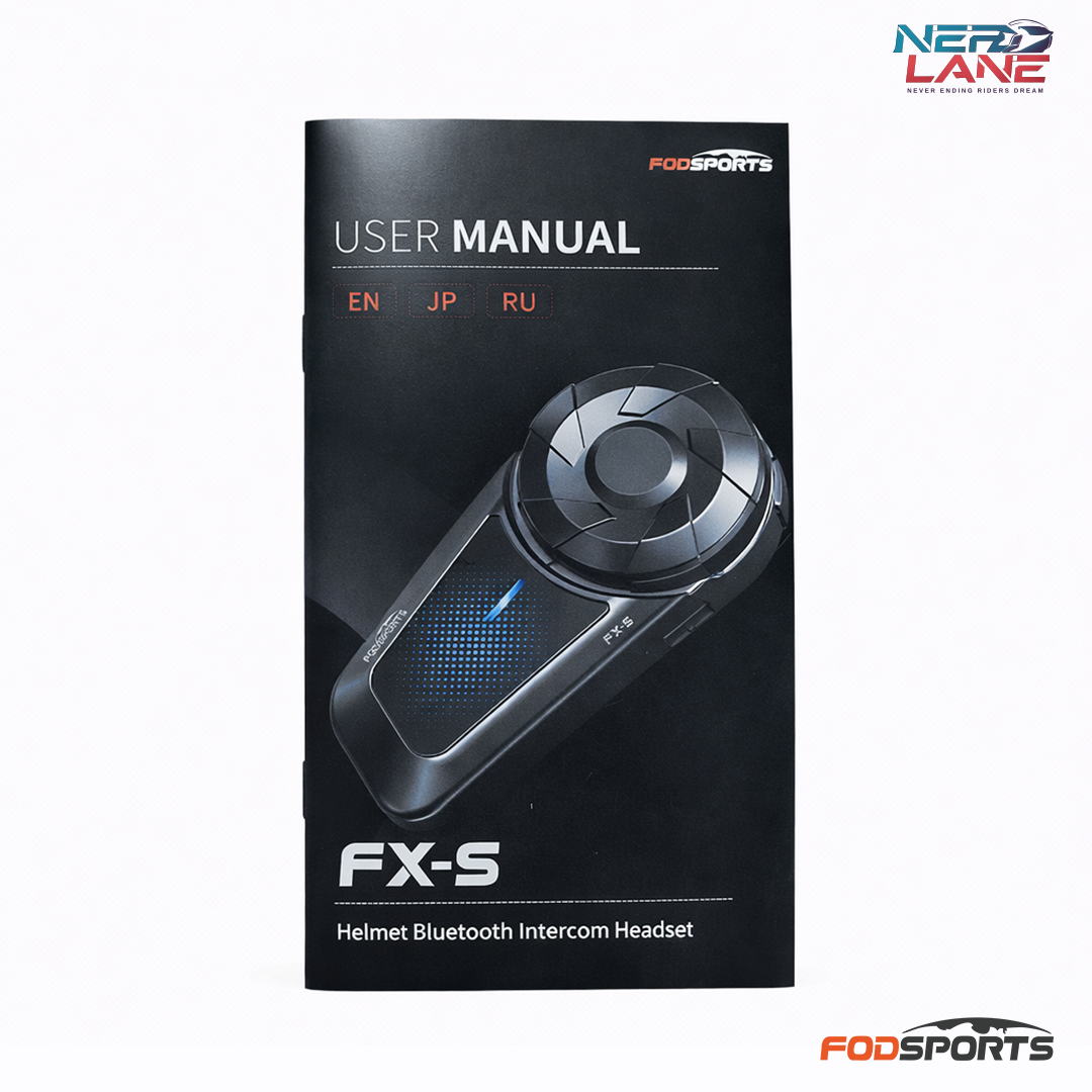 User manual for FX-S Helmet Bluetooth Intercom Headset with FODSPORTS branding on a white background.