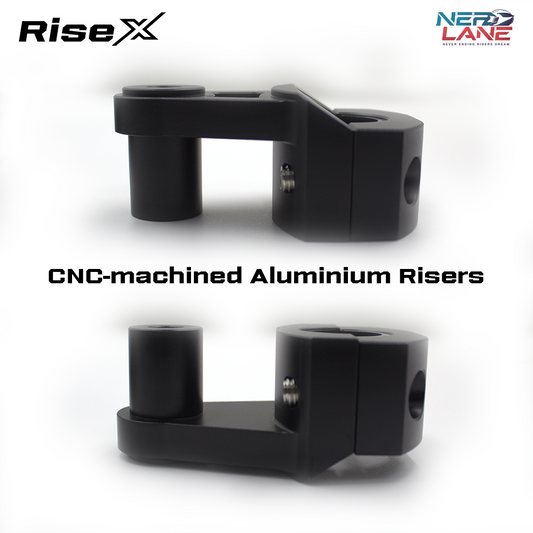 CNC-machined aluminium risers with RiseX and Nerd Lane branding on a white background