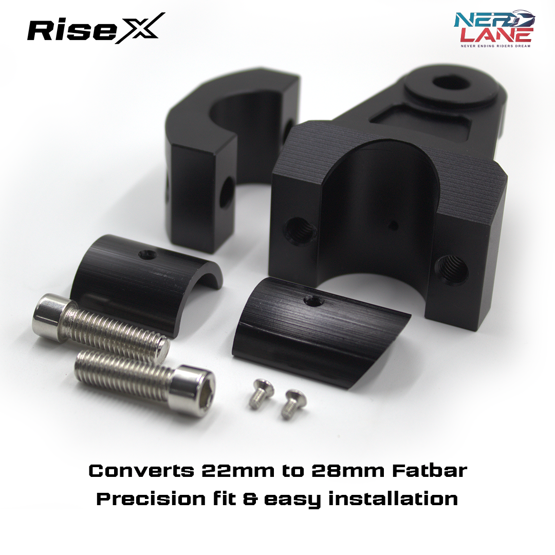 Black Risers with screws on a white background, featuring Rise X branding.
