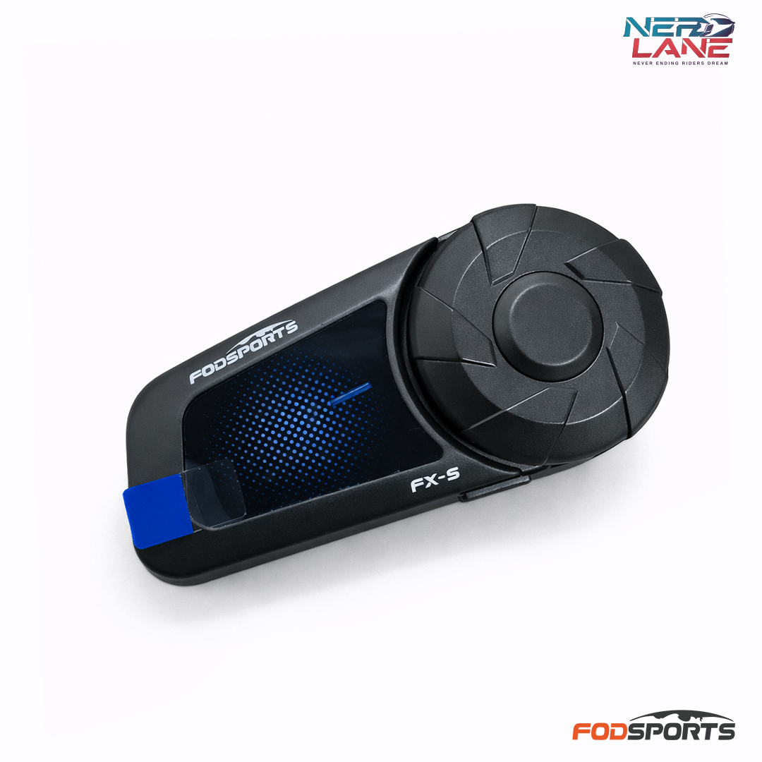 Black and blue Fodsports FX-S helmet intercom on a white background