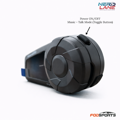 Black helmet with power and mode buttons labeled, on a white background