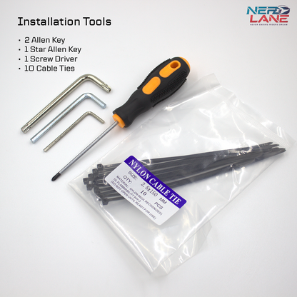 Fozetop Box Content - Set of installation tools including Allen keys, a screwdriver, and cable ties