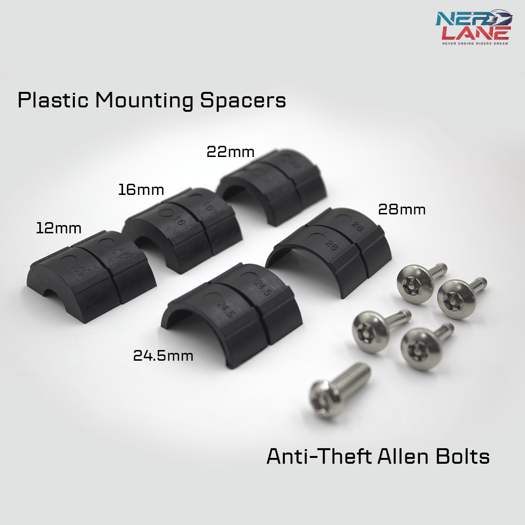 Fozetop Plastic mounting spacers with labeled dimensions and anti-theft Allen bolts