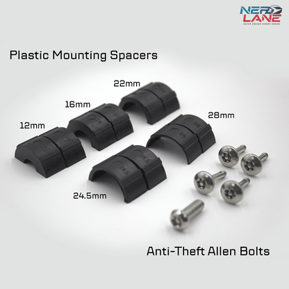 Fozetop Plastic mounting spacers with labeled dimensions and anti-theft Allen bolts