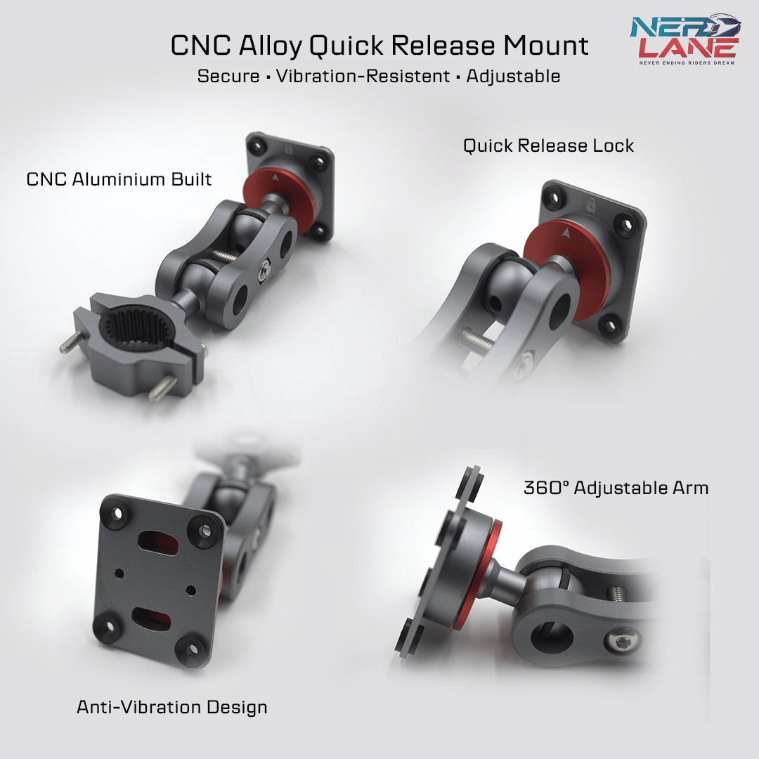 MotoPlay CNC Alloy Quick Release Mount with features highlighted