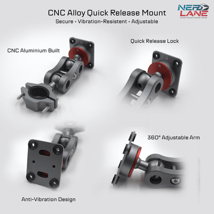 MotoPlay CNC Alloy Quick Release Mount with features highlighted