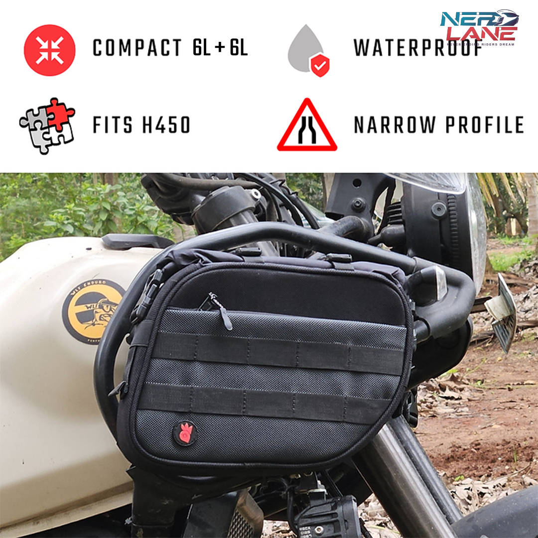 RiderZone 12L Chitkul tank guard bags perfect for himalayan 450, narrow profile, waterproof, 6L+6L compact tank guard bags