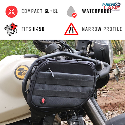 RiderZone 12L Chitkul tank guard bags perfect for himalayan 450, narrow profile, waterproof, 6L+6L compact tank guard bags