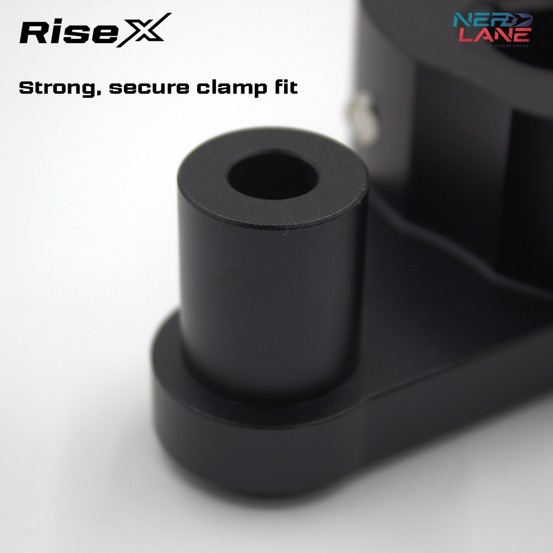 Black clamp component with 'RiseX' branding on a white background