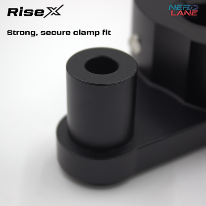 Black clamp component with 'RiseX' branding on a white background