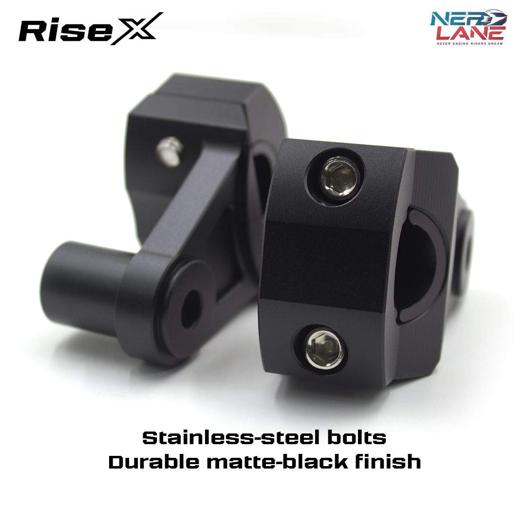 Black Risers with stainless-steel bolts on a white background, featuring Rise X branding.