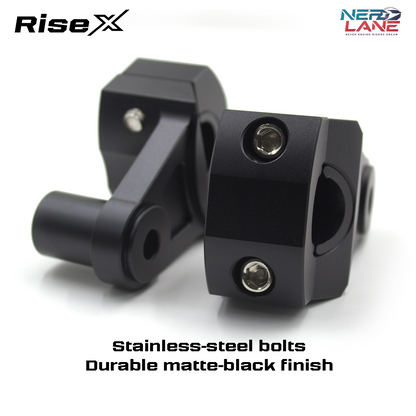 Black Risers with stainless-steel bolts on a white background, featuring Rise X branding.