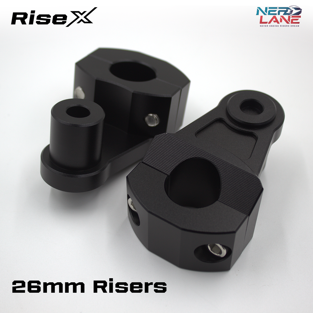 Black 26mm risers with RiseX branding on a white background
