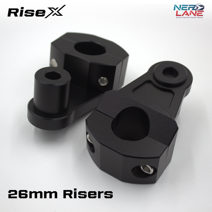 Black 26mm risers with RiseX branding on a white background