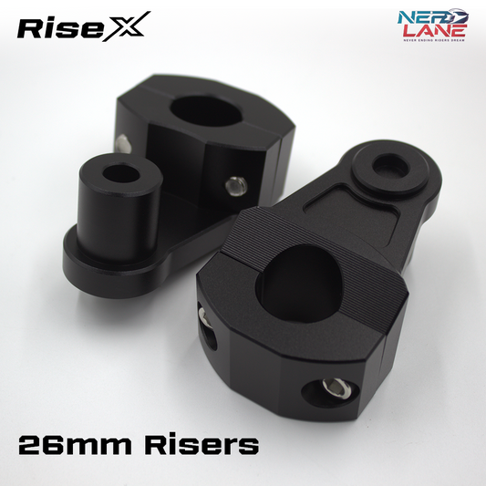 Black 26mm risers with RiseX branding on a white background
