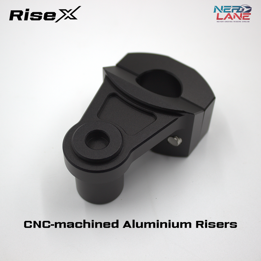 CNC-machined aluminium riser with RiseX branding on a white background