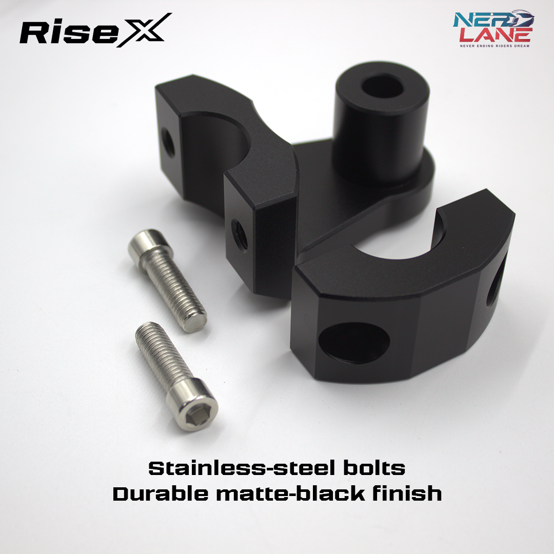 Black Risers with stainless-steel bolts on a white background, featuring RiseX branding.