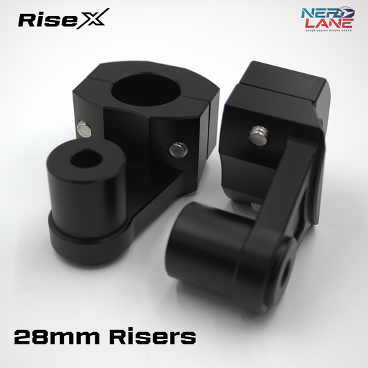 Black 28mm risers with 'RiseX' branding on a white background