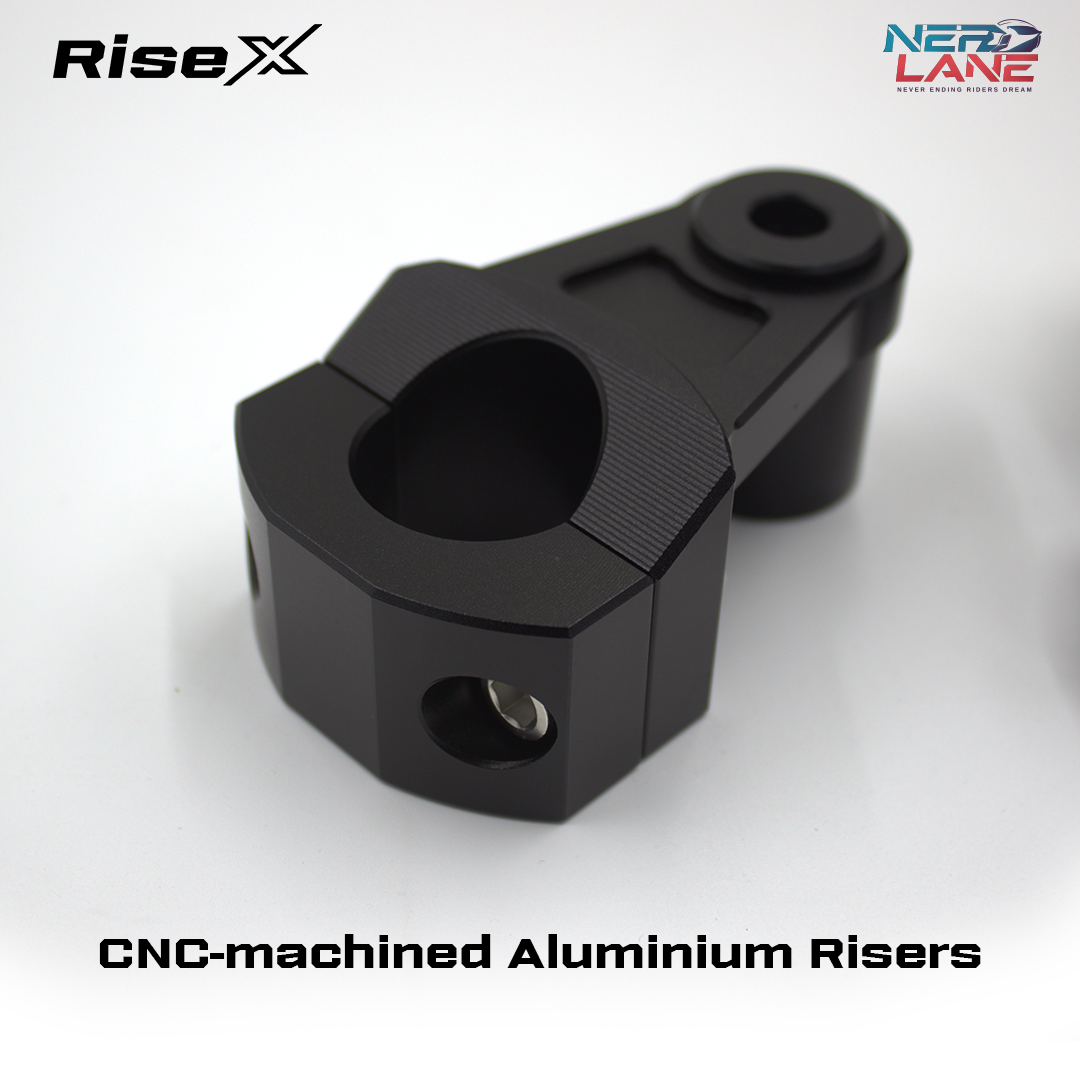 CNC-machined Aluminium Risers with RiseX branding on a white background