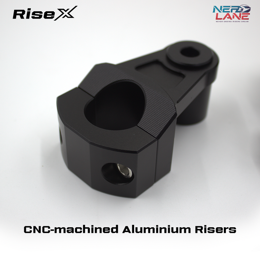CNC-machined Aluminium Risers with RiseX branding on a white background