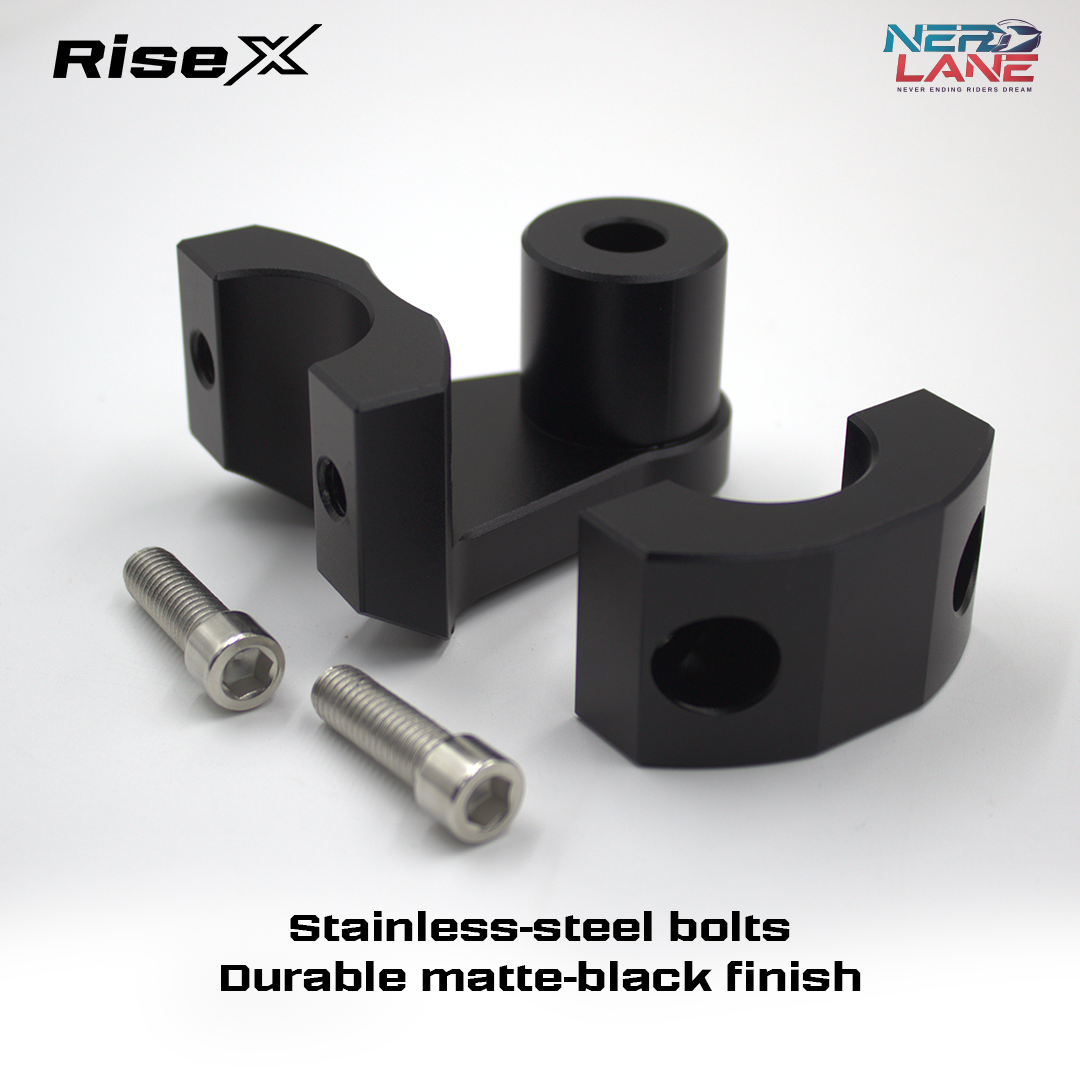 Black Risers with stainless-steel bolts on a white background, featuring RiseX branding.